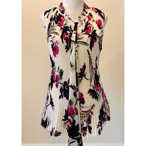 NWT DKNY Women's Pleated Floral Sleeveless Tie Neck‎ Blouse Top